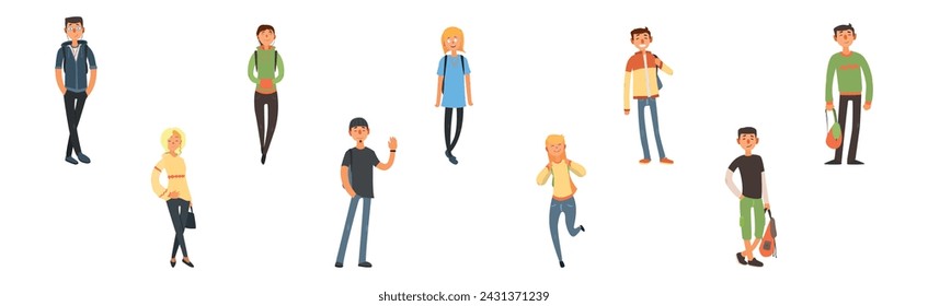 Modern Man and Woman Student Character in Casual Wear Vector Set