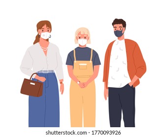 Modern Man, Woman And Teen Girl In Protective Mask On Face Vector Flat Illustration. Group Of People Wearing Respirators Isolated On White. Healthcare And Coronavirus Outbreak Prevention