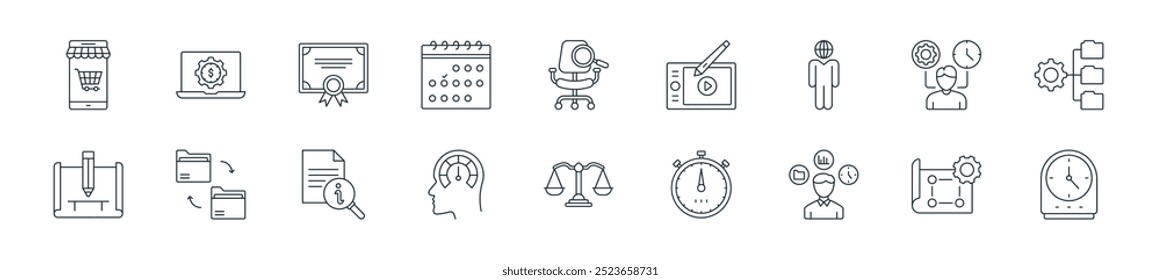 modern management icon pack. perfect for linear ui designs featuring vector alarm clock, ting, man, stopwatch, balance, head, information and more icons for mobile and web apps.