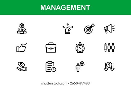 Conjunto de iconos de gestión moderna en estilo de Vector con símbolos de liderazgo, trabajo en equipo, estrategia y planificación