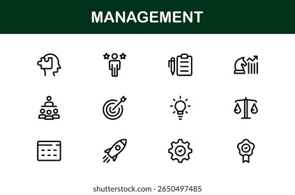 Modern Management Icon Set in Vector Style Featuring Leadership, Teamwork, Strategy, and Planning Symbols