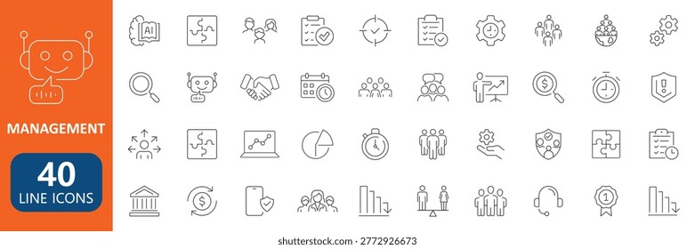 Modern management line icons set business workflow strategy analytics and corporate tools
