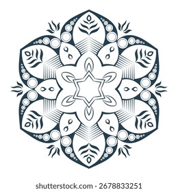 Obra de arte moderna de mandala diseñada con Formas de hojas abstractas y colores vibrantes, dispuestos en una forma circular simétrica