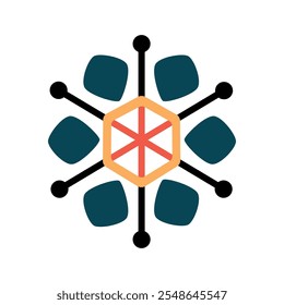 Modern mandala design featuring a central hexagon, bold lines, and geometric shapes in vibrant red, teal, and yellow tones. Perfect for digital art, branding, decoration, and creative design projects - Powered by Shutterstock - Get 15% off with code: PIKWIZARD15
