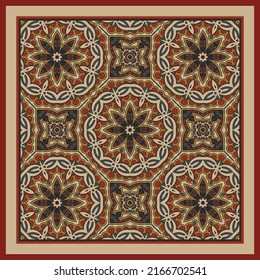 Patrón moderno de mandala en blanco marrón naranja rojo hecho de elementos abstractos. Marco. Diseño de bufanda.
