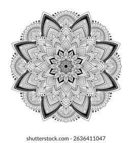 Modern mandala with plant elements, coloring book for adults, linear drawing for printing. Vector illustration isolated on white background.