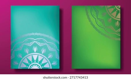 Conjunto moderno del mandala, fondo adornado para la invitación de la boda, estilo de la cubierta del libro, diseño verde degradado para cualquier tarjeta