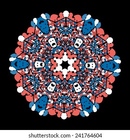 Modern mandala: vibrant abstract artwork showcases harmonious colour blend and intricate shapes against stark black background that enhances vivid elements. Symmetrical arrangement radiates from central point with stylized forms including geometric and organic motifs. Dominant red, blue, and white create striking contrast, contributing to lively energetic atmosphere. Repeating patterns of compact circles, triangles, and playful elements add depth and complexity to composition. Black backdrop serves to boost brightness of colours, making mandala appear more pronounced and visually captivating. Overall mood is dynamic and cheerful, suitable for various applications like interior design, fashion prints, or promotional materials for creative projects. Circular composition naturally draws viewer gaze toward centre, creating focal point that invites contemplation and admiration.