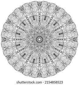 mandala moderna con líneas onduladas dibujando sobre fondo blanco para colorear, página de color vectorial