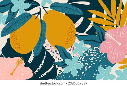 Collage moderno de flores de mango. Las hojas tropicales exóticas con frutas crean un afiche horizontal para el diseño interior. Vector.