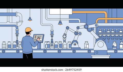 Instalação de fabricação moderna com robótica automatizada e supervisão humana em uma operação de linha de produção simplificada