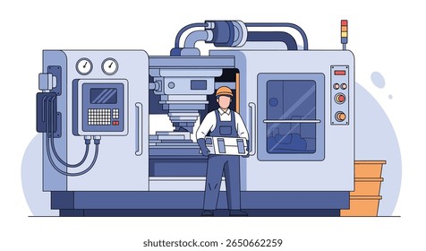 Modern manufacturing facility operator standing beside advanced cnc machining equipment in a production environment