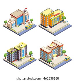 Modern many-storeyed school buildings with cars bicycles and school bus isometric icons set on white background isolated vector illustration