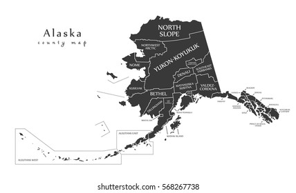 Modern Map, Alaska county map with labels USA silhouette illustration