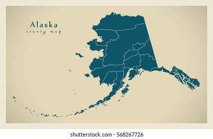 Modern Map, Alaska county map USA silhouette illustration