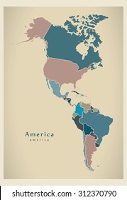 Modern Map - America complete map with countries colored