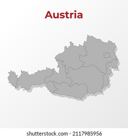 A modern map of Austria with a division into regions, on a gray background with a red title.