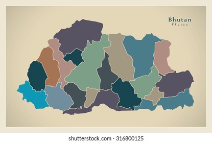 Modern Map - Bhutan with districts colored BT