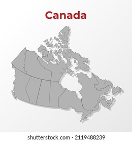 A modern map of Canada with a division into regions, on a gray background with a red title.