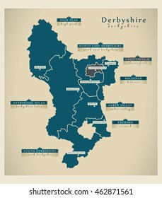 Modern Map - Derbyshire county with labels UK