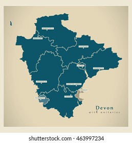 Modern Map - Devon county with unitaries and districts UK