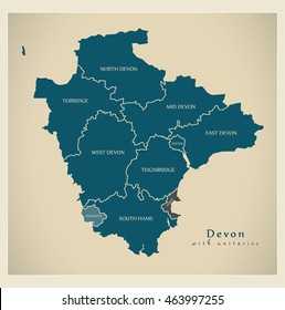 Modern Map - Devon county with unitaries and detailed districts UK