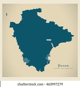 Modern Map - Devon county with unitary areas UK