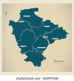 Modern Map - Devon with districts UK