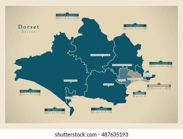 Modern Map - Dorset county with districts and unitaries with labels UK