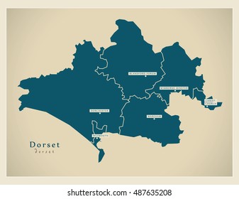 Modern Map - Dorset county with districts UK