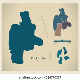 Modern Map - Dushanbe with districts TJ