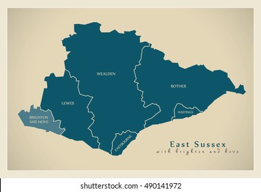 Modern Map - East Sussex county with brighton and districts labels UK