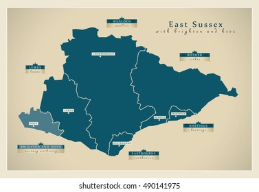 Modern Map - East Sussex county with brighton and districts detailed UK