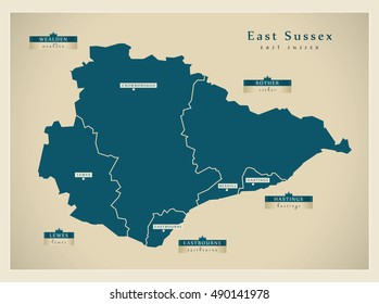 Modern Map - East Sussex county with districts detailed UK