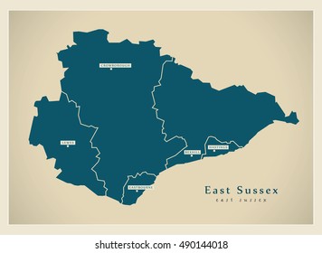 Modern Map - East Sussex county with districts UK