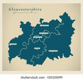 Modern Map - Gloucestershire county districts UK