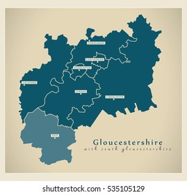 Modern Map - Gloucestershire county with South Gloucestershire districts UK