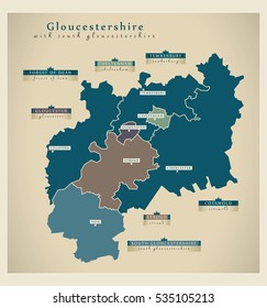 Modern Map - Gloucestershire county with South Gloucestershire details UK