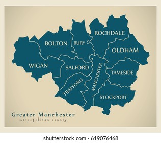 Modern Map - Greater Manchester metropolitan county UK