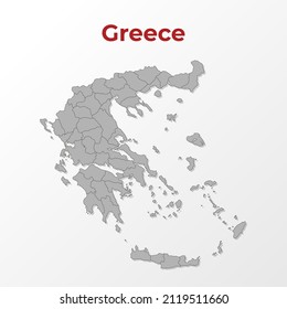 A modern map of Greece with a division into regions, on a gray background with a red title.