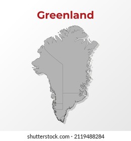 A modern map of Greenland with a division into regions, on a gray background with a red title.