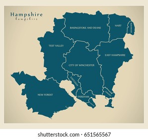 Modern Map - Hampshire county with district labels UK illustration