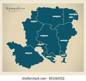 Modern Map - Hampshire county with districts UK illustration