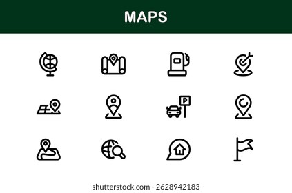 Colección moderna del icono del mapa. Diseños mínimos de Vector para los servicios de navegación y Locación