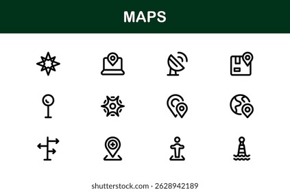Coleção de Ícones do Mapa Moderno. Designs mínimos de vetor para serviços de navegação e localização