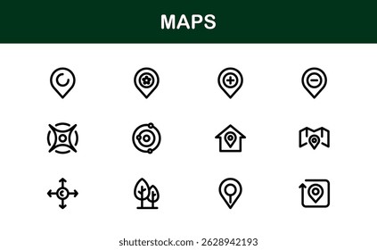 Modern Map Icon Collection. Minimal Vector Designs for Navigation and Location Services