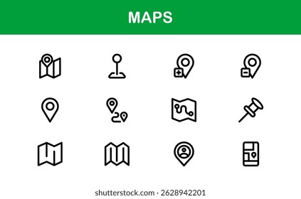 Modern Map Icon Collection. Minimal Vector Designs for Navigation and Location Services