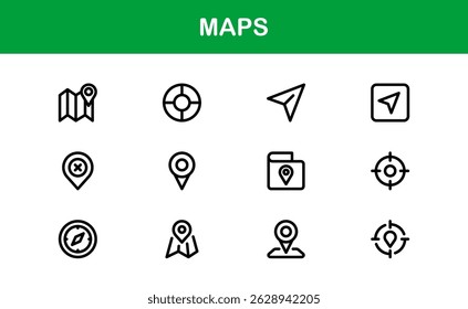 Modern Map Icon Collection. Minimal Vector Designs for Navigation and Location Services