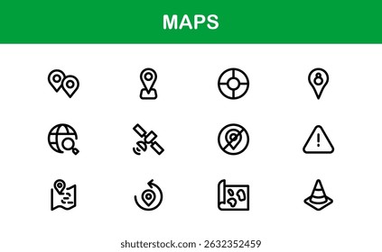 Coleção de Ícones do Mapa Moderno. Designs mínimos de vetor para serviços de navegação e localização