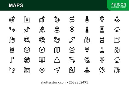 Sammlung moderner Kartensymbole. Minimale Vektordesigns für Navigations- und Standortdienste